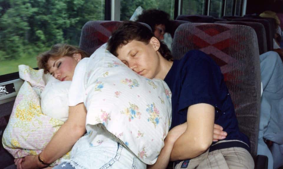 resting on the tour bus
